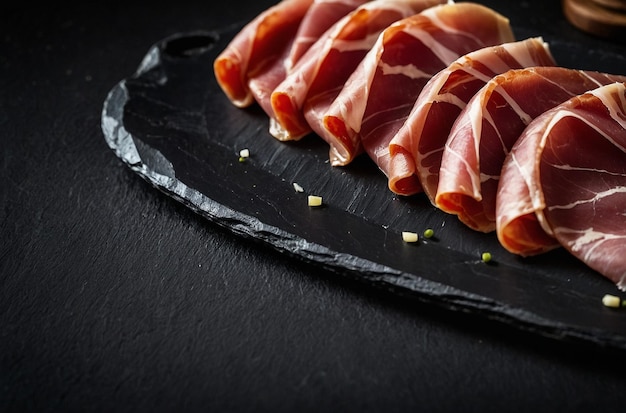 Spanish serrano ham slices on black plate on wooden table