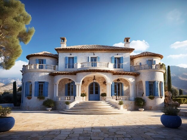 Spanish style country house made of stone with white and blue decoration 4