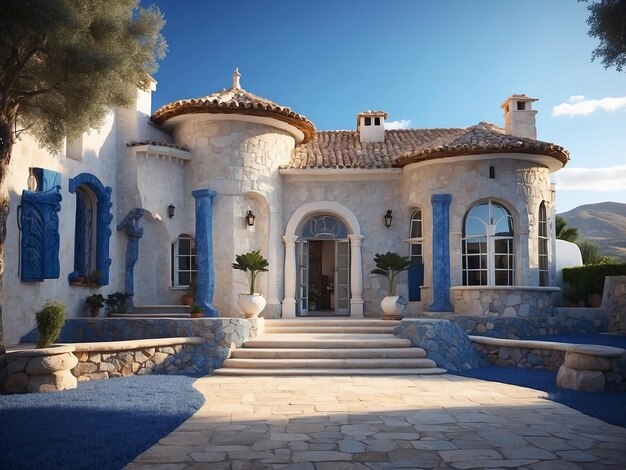 Spanish style country house made of stone with white and blue decoration 7