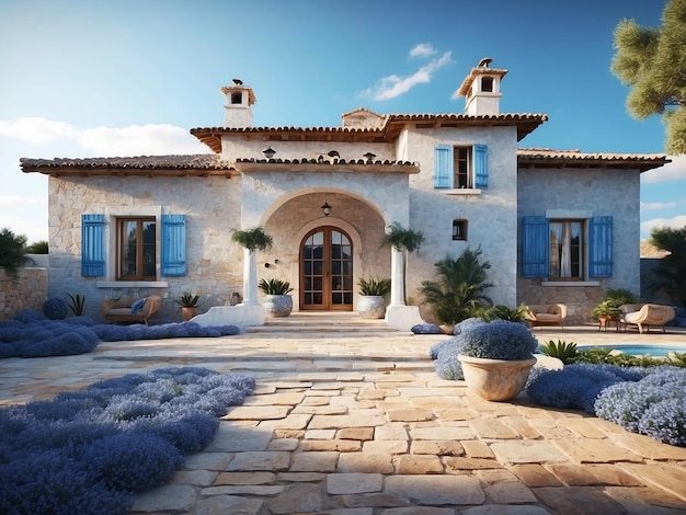 Spanish style country house made of stone with white and blue decoration