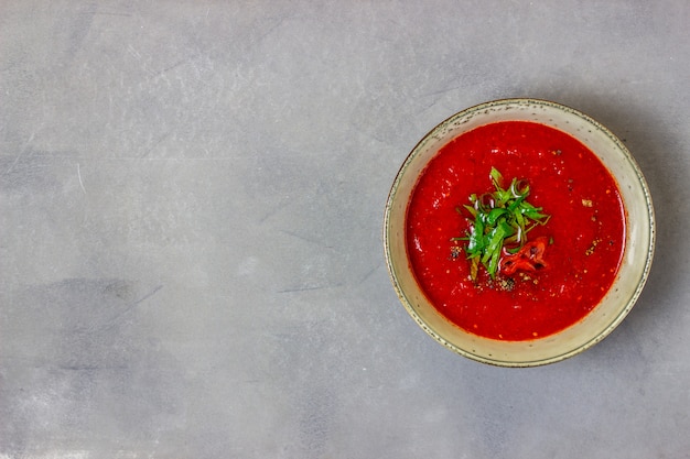 Spanish tomato soup gazpacho, Vegeterian food, Top view,