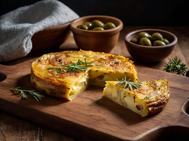 Photo a spanish tortilla made with potatoes and onions sliced and served on a wooden board with olives