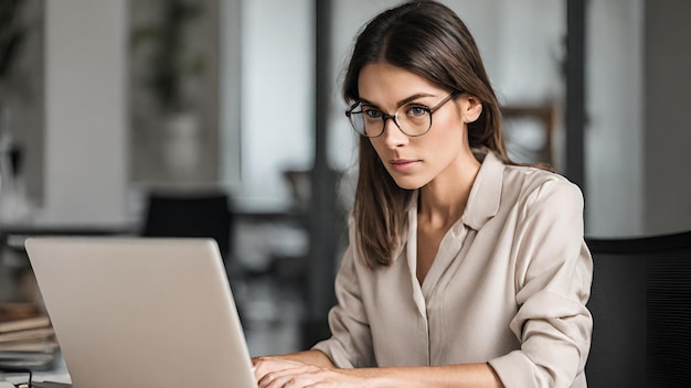 Spanish woman working in front of laptop seriously