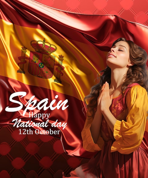 Photo a spanish women in front of a spain flag social media post for spain national day