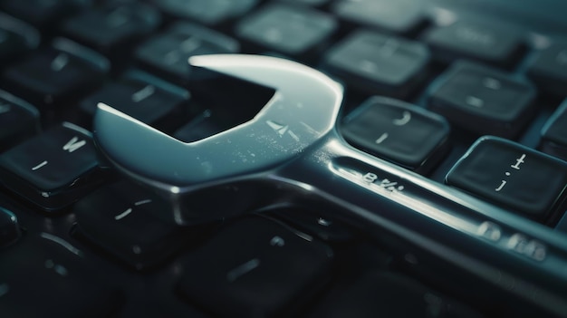 Photo a spanner resting on a computer keyboard signifying the intersection of technology and fixing issues