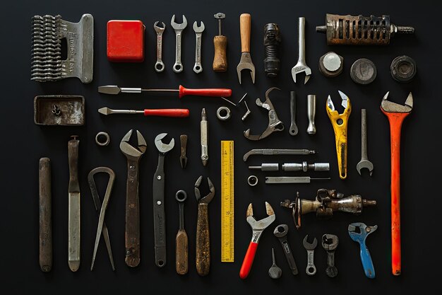 Photo spanners and tools on dark black background top view with copy space