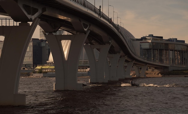 Spans of the bridge of the highspeed highway across the Neva river in St Petersburg Russia Complex engineering structures