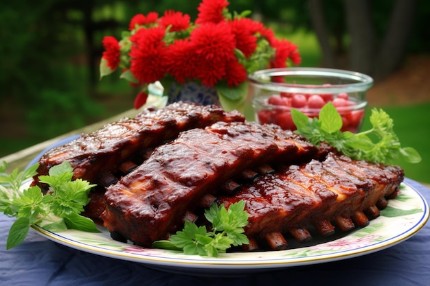 Spare beef ribs on bbq grill with flame