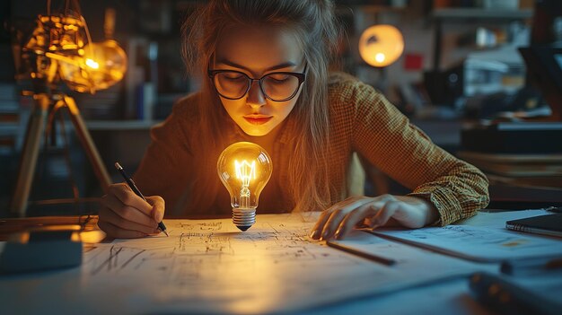 Photo sparking innovation designer sketching a light bulb symbolizing brainstorming concept