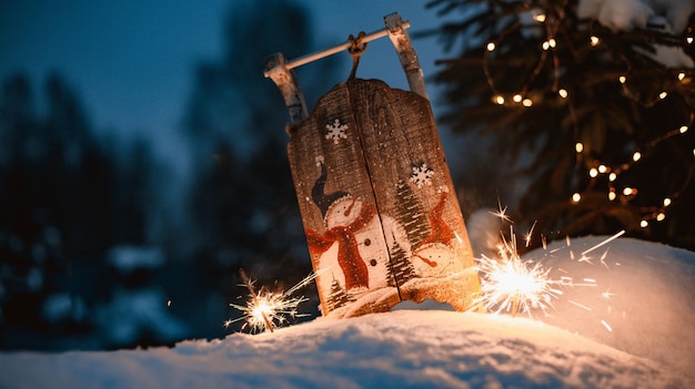 Sparkler in the snow in the evening