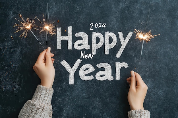 Photo sparkler writing collage photos of people writing 2024 with sparklers against a dark background