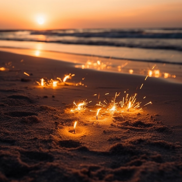 Sparklers on the beach at sunset with the sun setting behind them