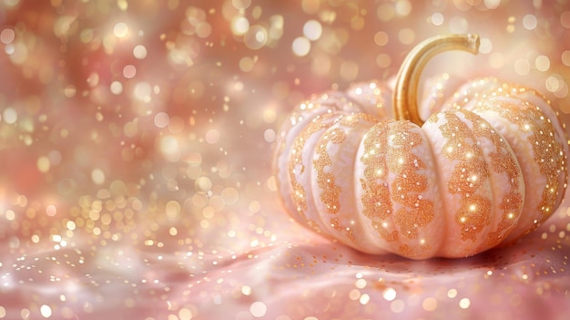 Photo sparkling autumn glamour festive pink and gold pumpkin on glittering bokeh background