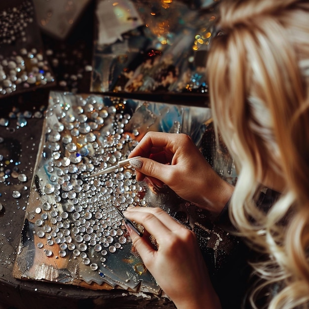 Photo sparkling beauty aesthetic photo of girl creating rhinestone art