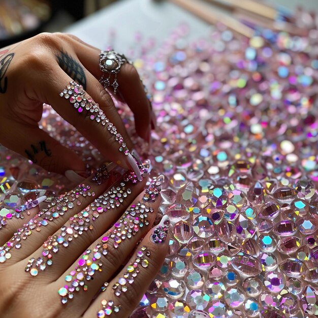 Sparkling Beauty Aesthetic Photo of Girl Creating Rhinestone Art