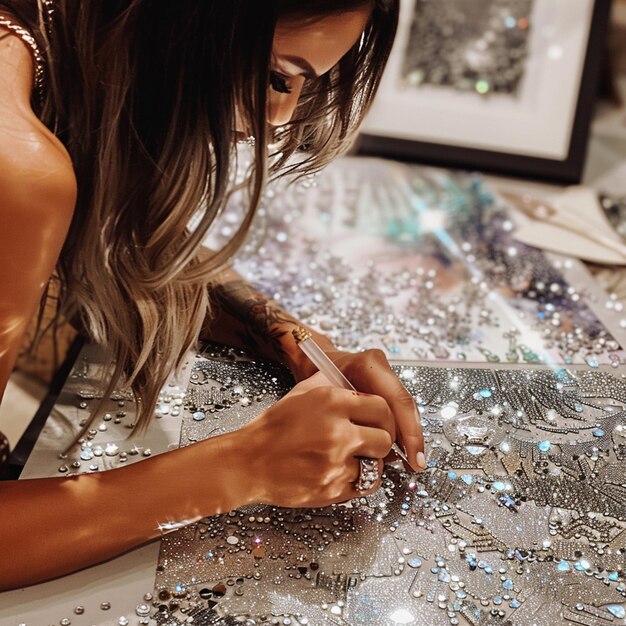 Photo sparkling beauty aesthetic photo of girl creating rhinestone art