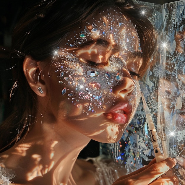 Sparkling Beauty Aesthetic Photo of Girl Creating Rhinestone Art