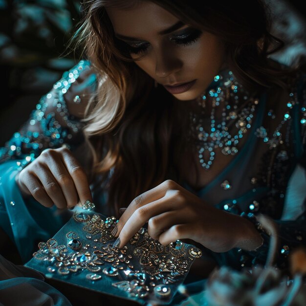 Photo sparkling beauty aesthetic photo of girl creating rhinestone art