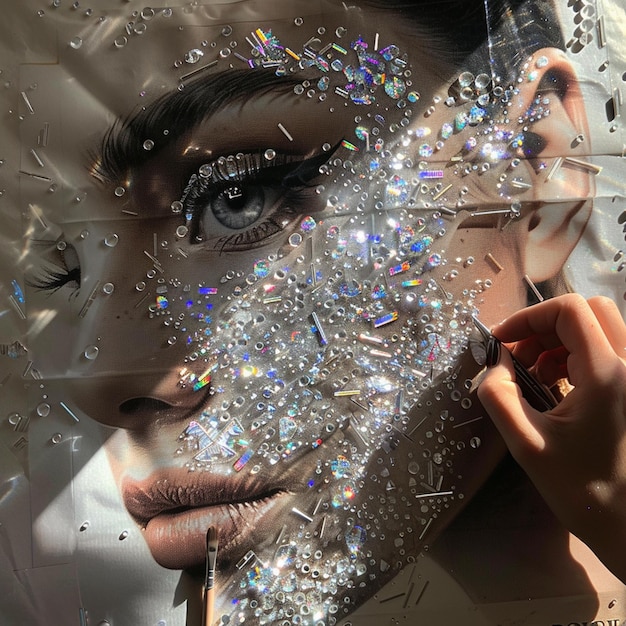 Sparkling Beauty Aesthetic Photo of Girl Creating Rhinestone Art