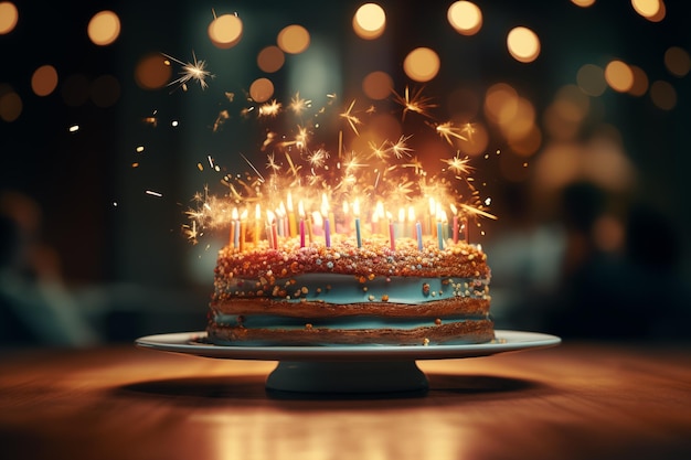 Sparkling birthday cake with lit candles amidst a joyful celebration