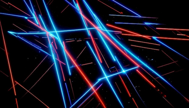 Sparkling Blue and Red Neon Lines on Dark Background