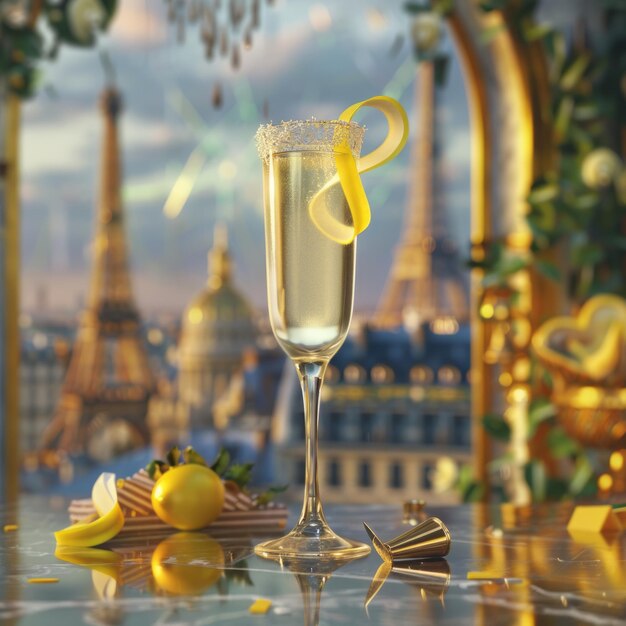 Photo sparkling champagne with a lemon twist against a city skyline