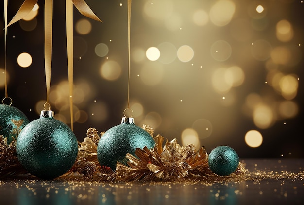 sparkling christmas blue balls hanging on blank golden bokeh background