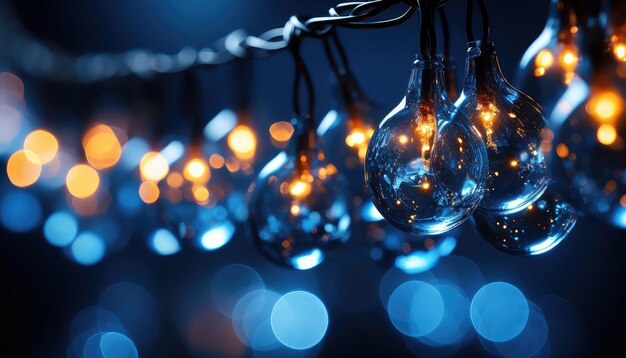 sparkling Christmas garland lights against a deep blue backdrop