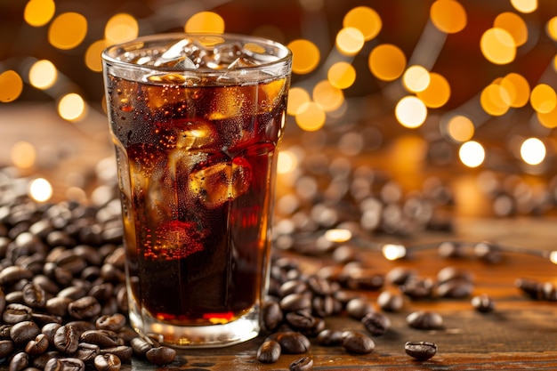 Sparkling cola drink with ice in glass surrounded by coffee beans