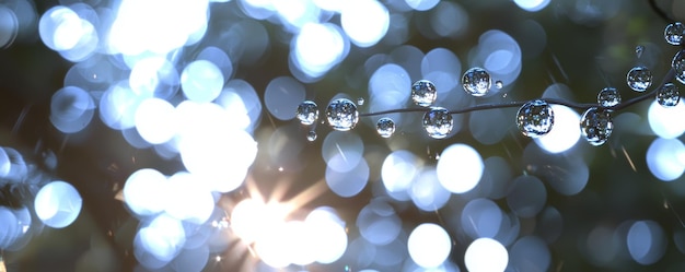 Sparkling Dew Drops on a Branch with Sunlight and Bokeh Background in a Tranquil Nature Setting