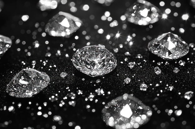 Photo sparkling diamonds scattered on black glitter