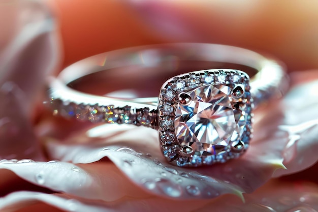 Sparkling engagement ring on rose petal