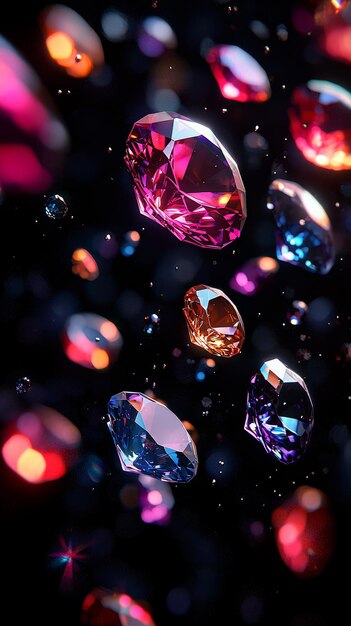 Photo sparkling gemstones falling against a black background