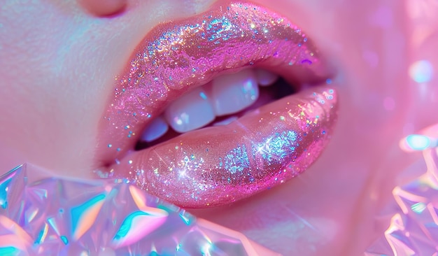 Sparkling glamour closeup of sparkling pink and purple glitter lips illuminated by ethereal light perfect for beauty and fashion concepts