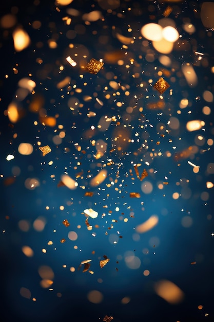 Photo sparkling gold confetti falling against a deep blue background in a festive celebration