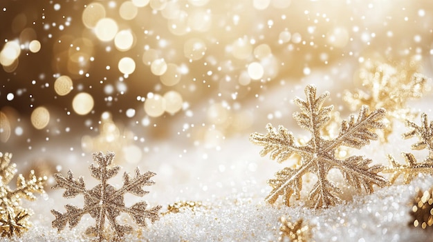 Sparkling Golden Snowflakes on a White Background with Bokeh Lights