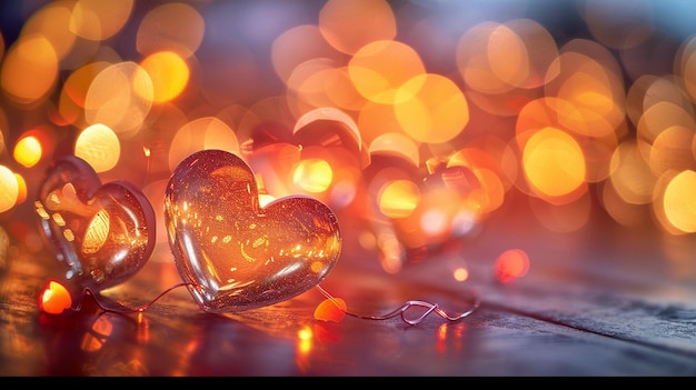 Sparkling Heart Backdrop with Glass Hearts on Table