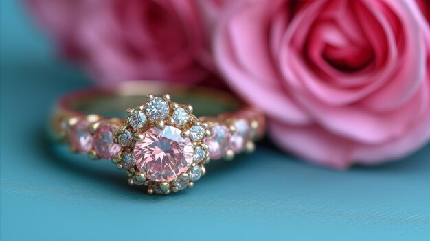 Sparkling Pink Diamond Ring With Rose Bouquet in Soft Focus