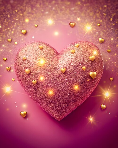 Photo sparkling pink heart surrounded by golden glitter and tiny hearts on a vibrant pink background