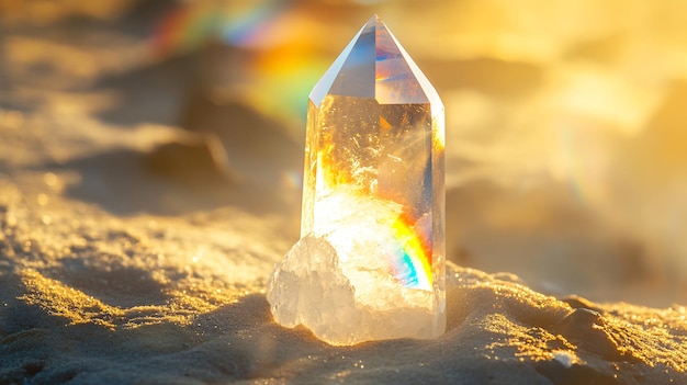 Sparkling Quartz Clear Stone with Rainbow Beam in Sunlight