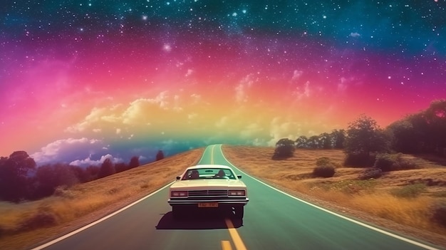 Sparkling rainbow with car on road in space Retro style Generative ai