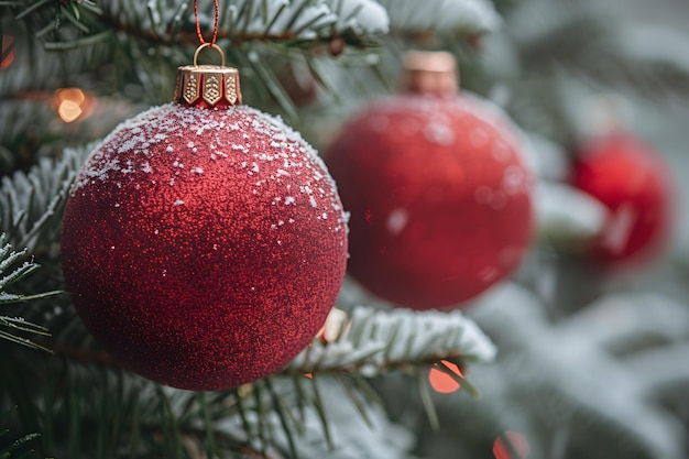 Sparkling Red Christmas Ornaments on Snowy Pine Tree for Holiday Decoration