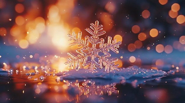 Sparkling Snowflake with Warm Bokeh Background