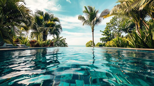 Photo sparkling turquoise pool water with palm trees and lush greenery in the background