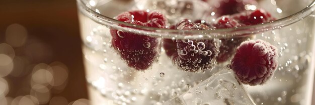 Sparkling water with colorful berry ice cubes