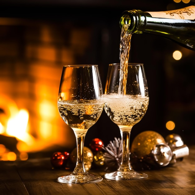 Sparkling wine proseco or champagne in front of a fireplace on a holiday eve celebration Merry Christmas Happy New Year and Happy Holidays idea