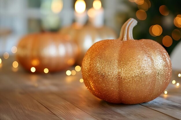 Photo sparkly orange pumpkin on a wooden surface with warm glowing lights and bokeh festive settings