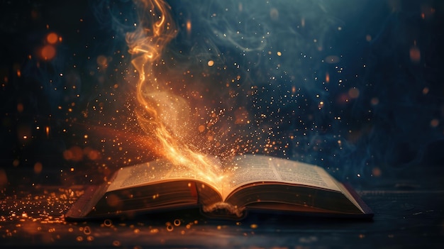 Sparks dance from open book infusing pages with enchanting storytelling energy