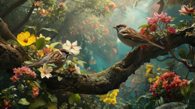 sparrow birds perched amidst blooming flowers on a tree branch set against the backdrop of a picturesque spring garden showcasing the harmony between nature and wildlife