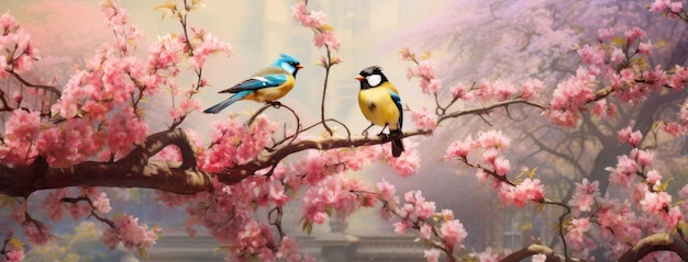 sparrow birds perched amidst blooming flowers on a tree branch set against the backdrop of a picturesque spring garden showcasing the harmony between nature and wildlife